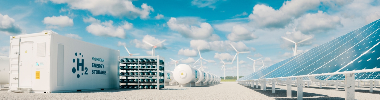 Moderne lagringssystem for  hydrogenenergi med solkraftverk og vindturbinpark