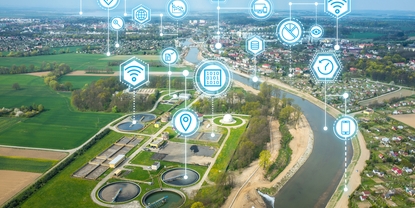 Netilion Water Network Insights-dashbord foran en vannbeholder