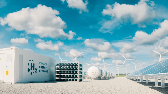 Moderne hydrogenenergilagringssystem med solkraftverk og vindturbinpark