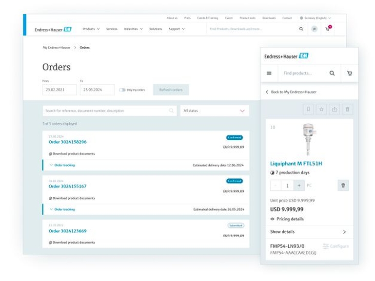 My Endress+Hauser-transaksjoner/e-handelsfunksjoner