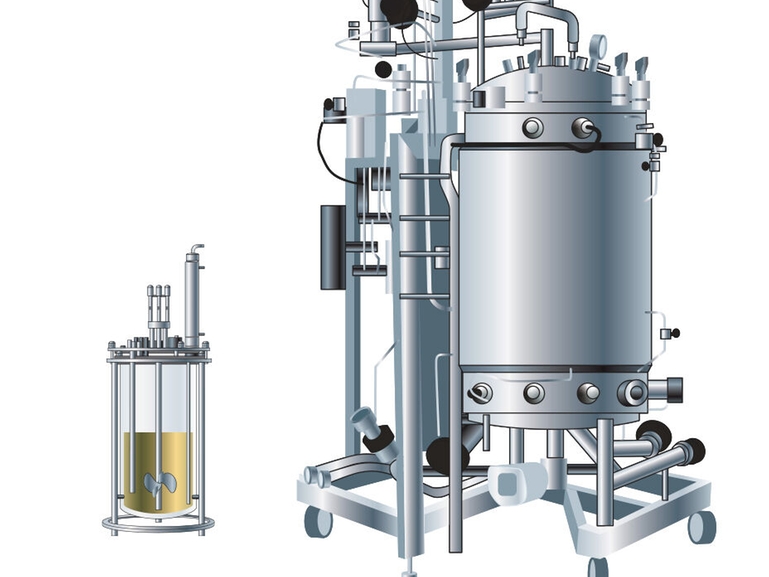 Bioreaktor i prosessutviklingsskala og en bioreaktor i produksjonsskala for life science-industrien Illustrasjoner som viser en bioreaktor i prosessutviklingsskala og en bioreaktor i produksjonsskala